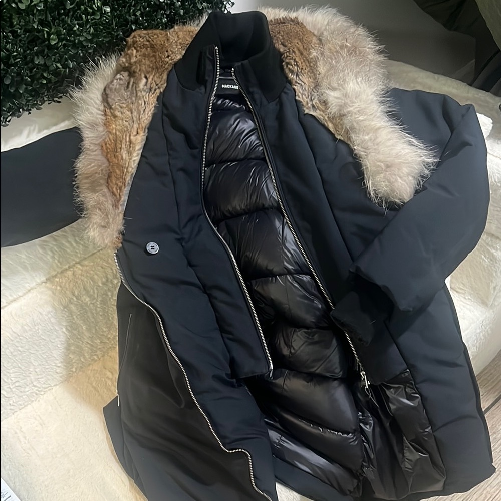 Mackage Navy Puffer Jacket with Fur Trim